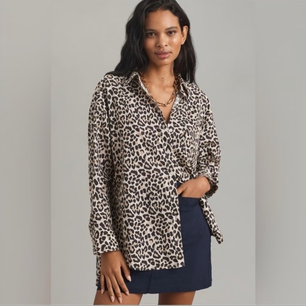 Anthropologie Leopard-Print Button-Down Shirt in Beige and Black
